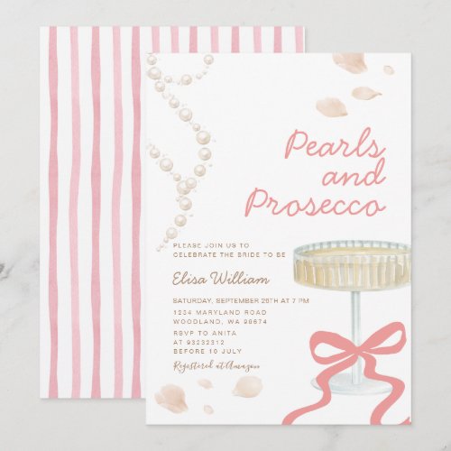Pearls and Prosecco Pink Coquette Bridal Shower  Invitation