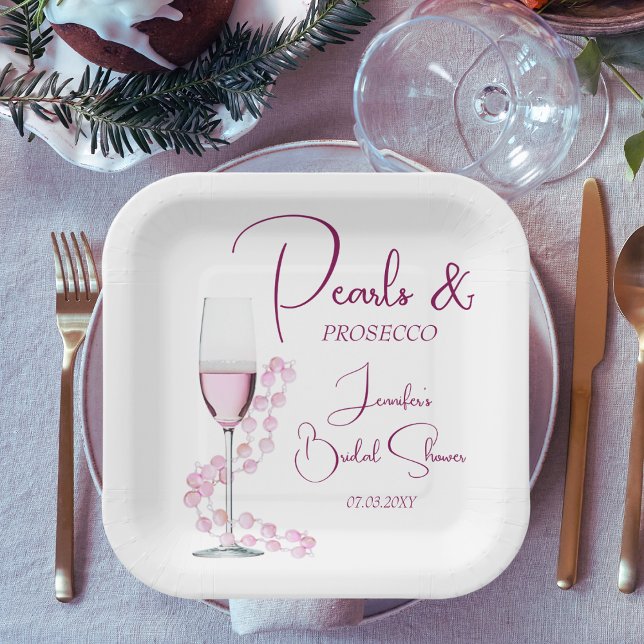Pearls and Prosecco Pink Modern Bridal Shower Paper Plates (Creator Uploaded)