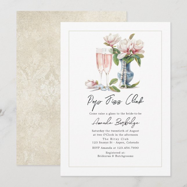 Pearls and Prosecco Pop Fizz Clink Bridal Shower Invitation (Front/Back)