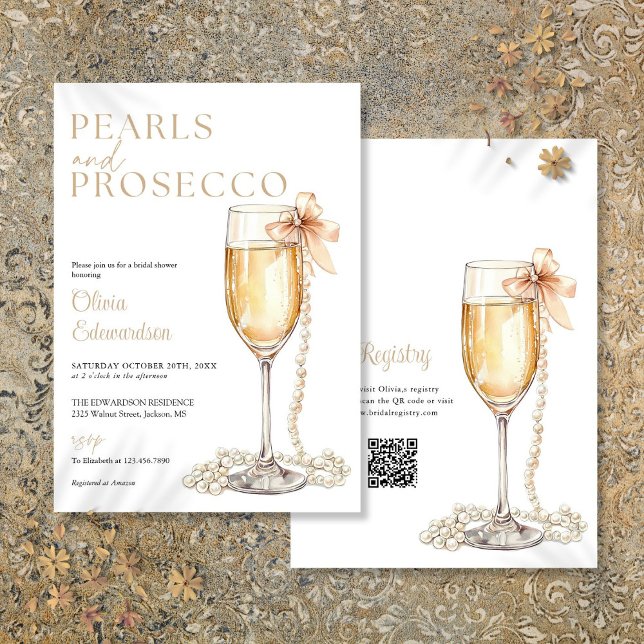 Pearls And Prosecco QR Code Bridal Shower Invitation (Pearls And Prosecco QR Code Bridal Shower Invitation)