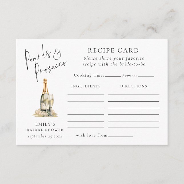 Pearls and Prosecco Recipe Card Bridal Shower (Front)