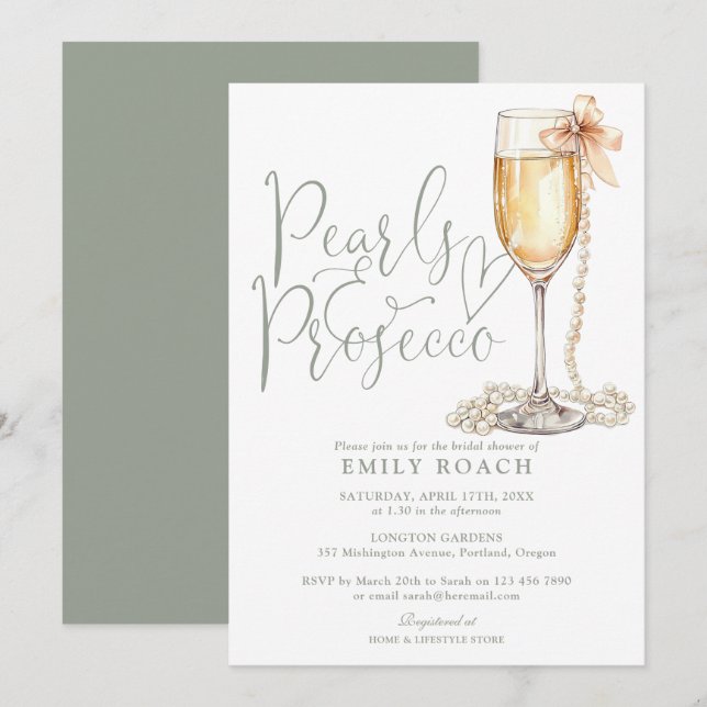 Pearls And Prosecco Sage Green Bridal Shower Invitation (Front/Back)