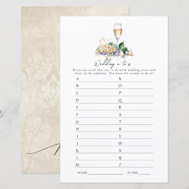 Pearls and Prosecco Wedding A to Z Bridal Game (Front/Back)