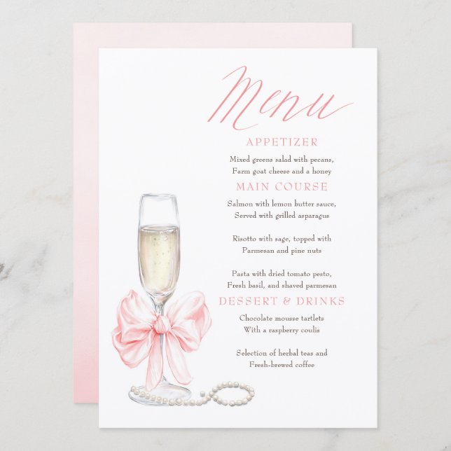 Pearls and Prosecco Whimsical Chic Menu Cards (Front/Back)