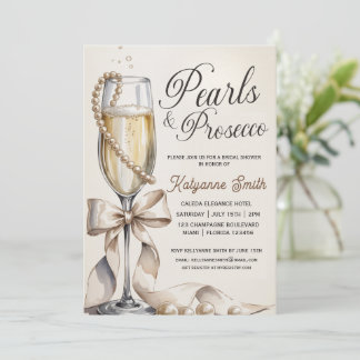 Pearls and Prosecco White Bow Bridal Shower  Invitation