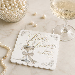 Pearls and Prosecco White Bow Bridal Shower Paper Coaster
