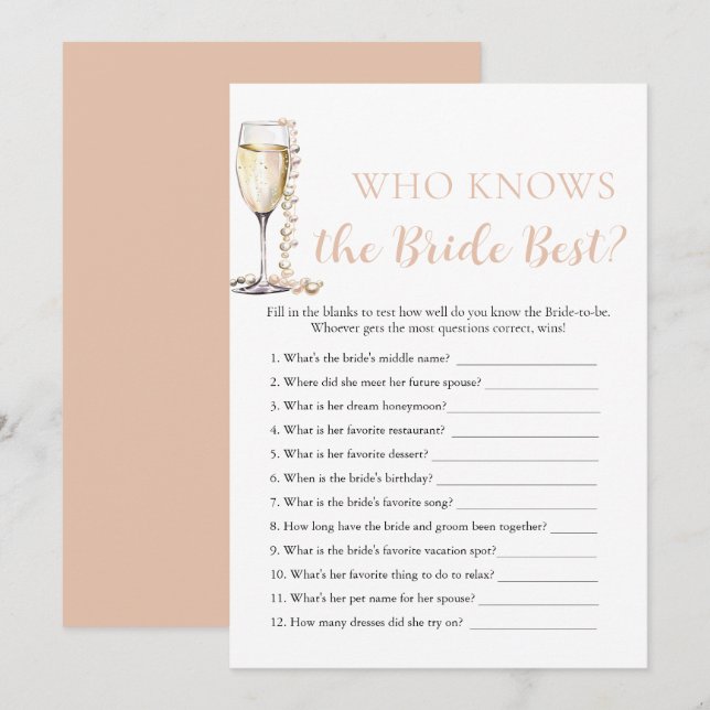 Pearls and Prosecco Who Knows the Bride Best Game Invitation (Front/Back)
