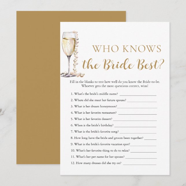 Pearls and Prosecco Who Knows the Bride Best Game Invitation (Front/Back)