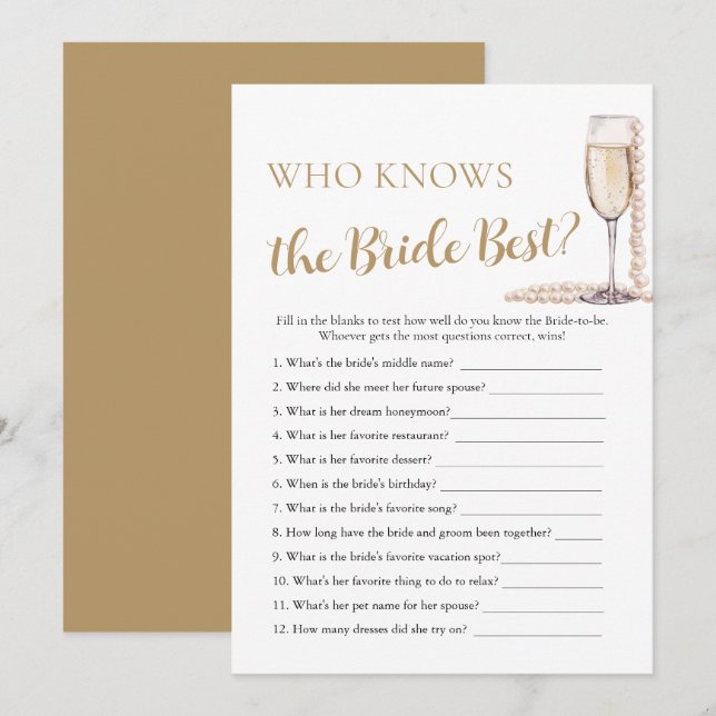 Pearls and Prosecco Who Knows the Bride Best Game Invitation (Front/Back)
