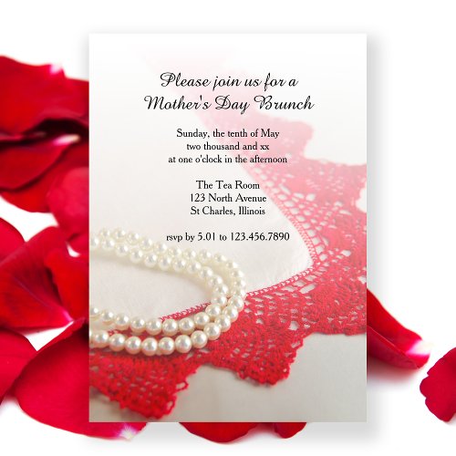 Pearls and Red Lace Mothers Day Brunch Invitation