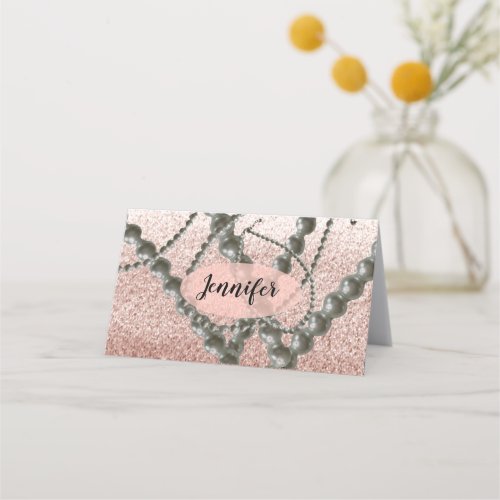 Pearls and Rose Gold Faux Glitter Place Card