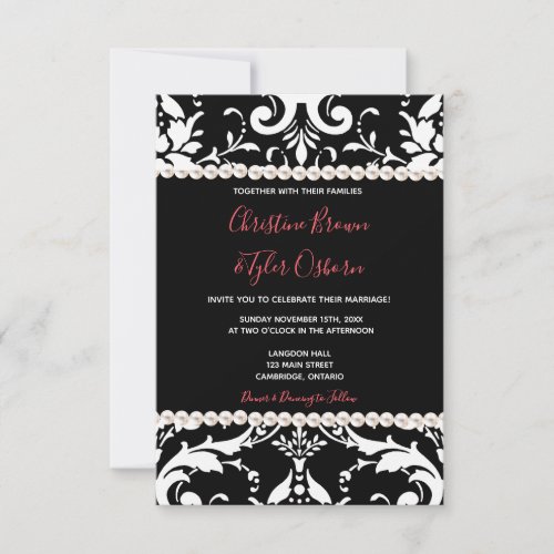 Pearls and White Damask Wedding Invitation
