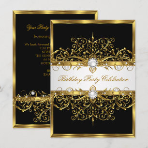 Pearls Black White Gold Elegant Birthday Party Invitation
