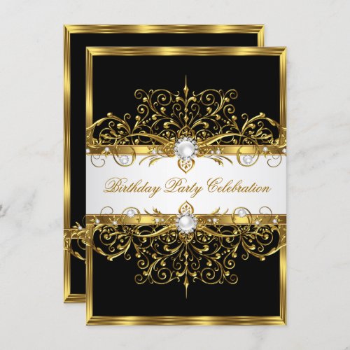 Pearls Black White Gold Elegant Birthday Party Invitation