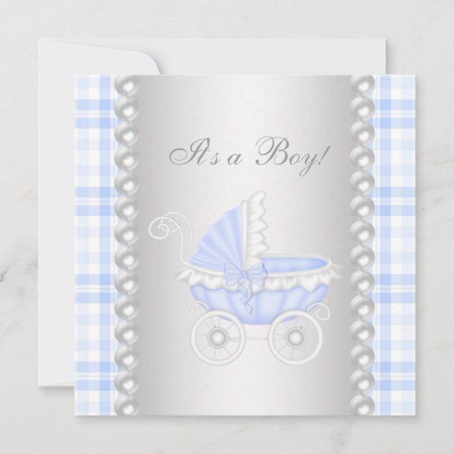Pearls Blue Gingham Carriage Baby Boy Shower Invitation (Front)