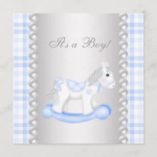 Pearls Blue Gingham Rocking Horse Baby Boy Shower Invitation