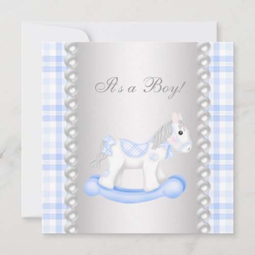 Pearls Blue Gingham Rocking Horse Baby Boy Shower Invitation