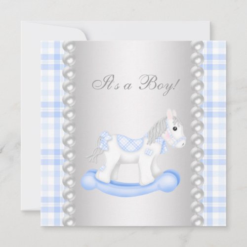 Pearls Blue Gingham Rocking Horse Baby Boy Shower Custom Invitation
