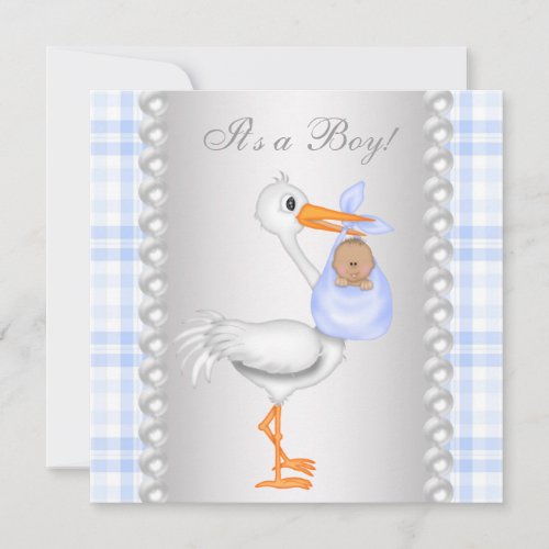 Pearls Blue Gingham Stork Baby Boy Shower Invitation