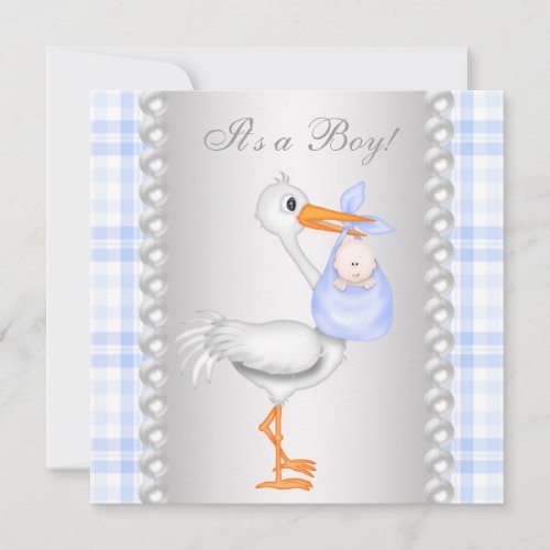 Pearls Blue Gingham Stork Baby Shower Invitation