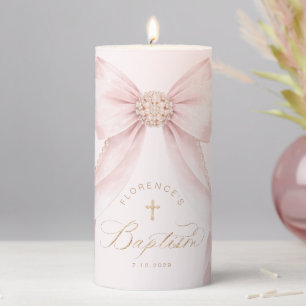 Pearls Blush Gold Bow Girl Baptism Pillar Candle