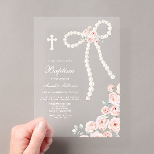 Pearls Bow and Roses Baptism Acrylic Invitations