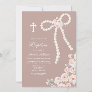 Pearls Bow and Roses on Taupe Baptism Invitation