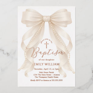Pearls Bow Girl Baptism Christening Foil Invitation