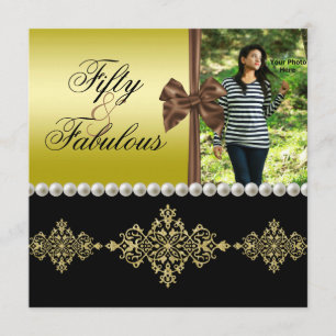 Pearls & Bow Gold & Black Fabulous 50 Photo Womens Invitation