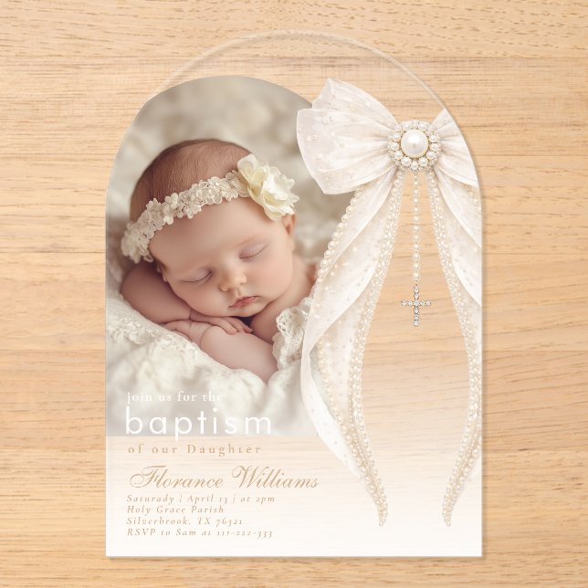 Pearls Bow Ivory elegant Arch Photo Baptism Acrylic Invitations (Front)