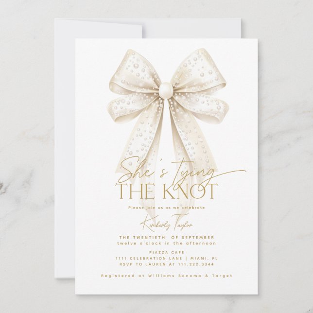 Pearls Bow She's Tying The Knot Bridal Shower Invitation (Front)
