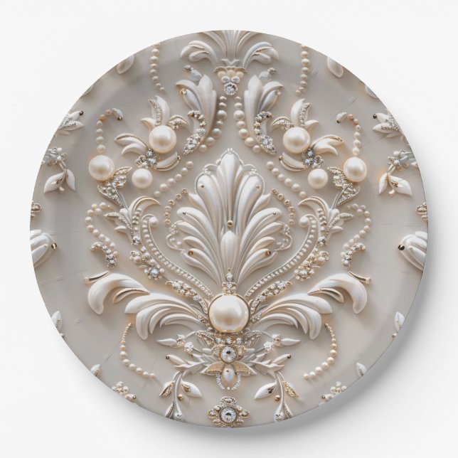 Pearls Crystals French Damask Embroidery Decoupage Paper Plates (Front)