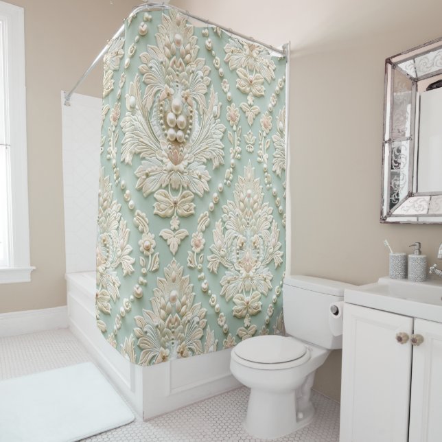 Pearls Crystals French Damask Embroidery  Shower Curtain (In Situ)
