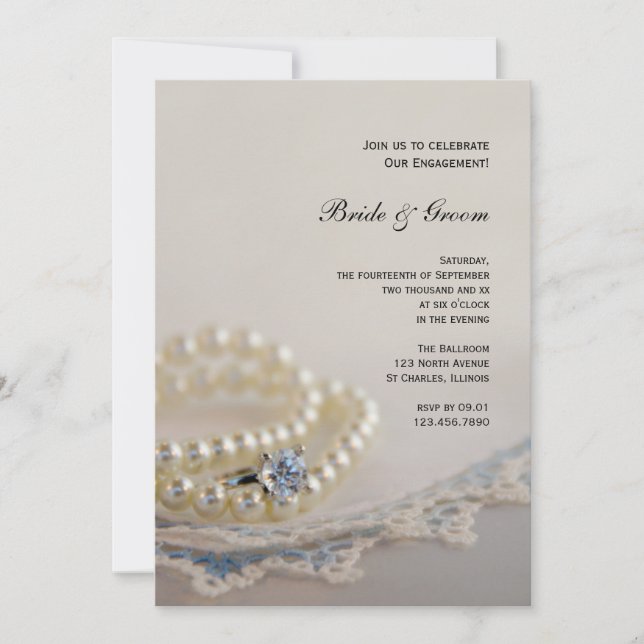 Pearls, Diamond Ring, Blue Lace Engagement Party Invitation (Front)