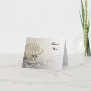Pearls, Diamond Ring, Blue Lace Wedding Thank You Card