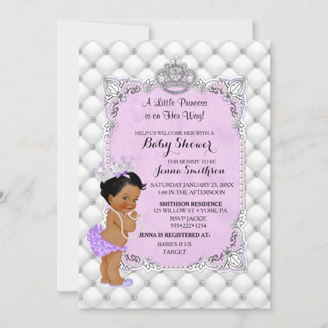 Pearls Diamonds Ethnic Princess Baby Girl Lavender Invitation (Front)