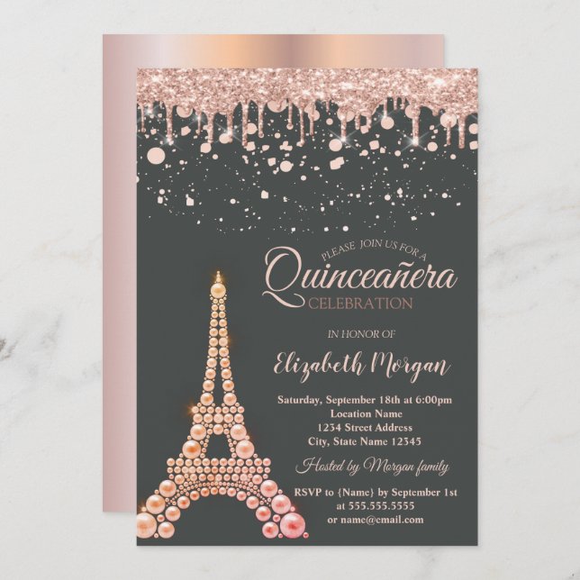 Pearls Eiffel Tower,Drips Dots Quinceañera  Invitation (Front/Back)