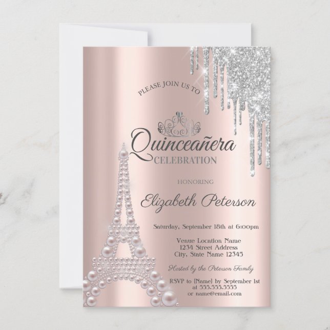 Pearls,Eiffel Tower,Drips Rose Gold Quinceañera Invitation (Front)