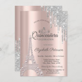 Pearls,Eiffel Tower,Drips Rose Gold Quinceañera Invitation (Front/Back)
