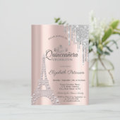 Pearls,Eiffel Tower,Drips Rose Gold Quinceañera Invitation (Standing Front)