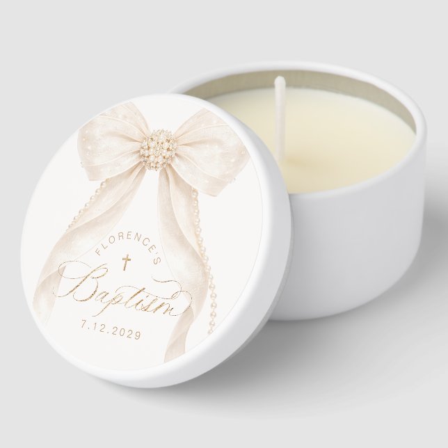 Pearls Elegant Bow Ivory Baptism Mini Candle Favors (Corner)