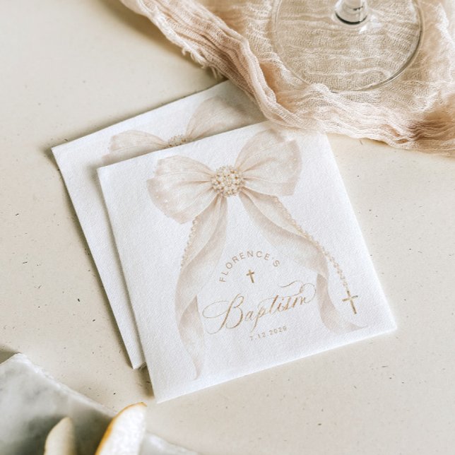 Pearls Elegant Bow Ivory Baptism Napkins (Creator Uploaded)