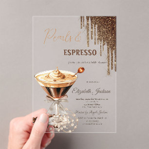 Pearls Espresso Glitter Drips Acrylic Invitations