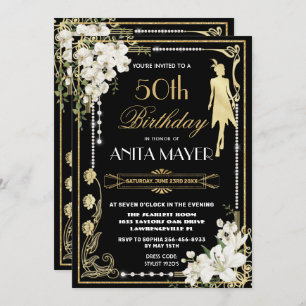 Pearls Floral Art Deco Birthday ANY AGE Invitation