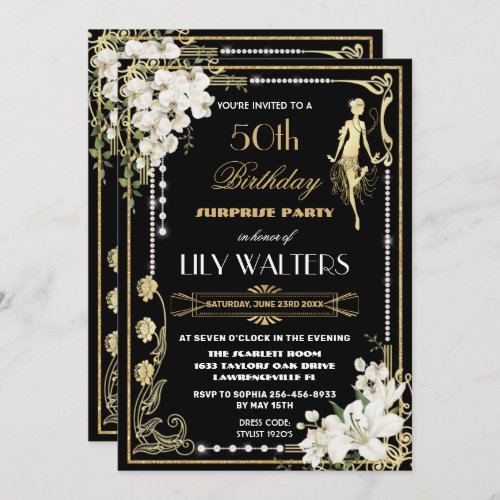 Pearls Floral Art Deco Gatsby Birthday ANY AGE Inv