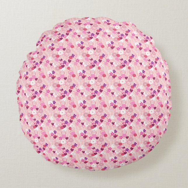 Pearls, Flowers, & Pink Round Pillow (Front)
