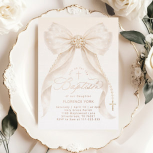 Pearls Gold Bow Girl Baptism Christening Foil Invitation