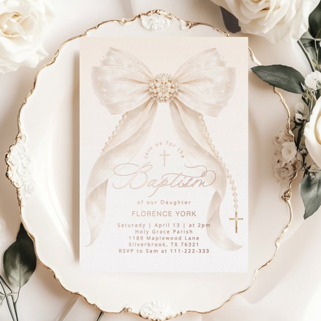 Pearls Gold Bow Girl Baptism Christening Foil Invitation (Creator Uploaded)