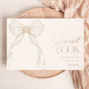 Pearls Gold Bow Girl Baptism Foil Guest Book