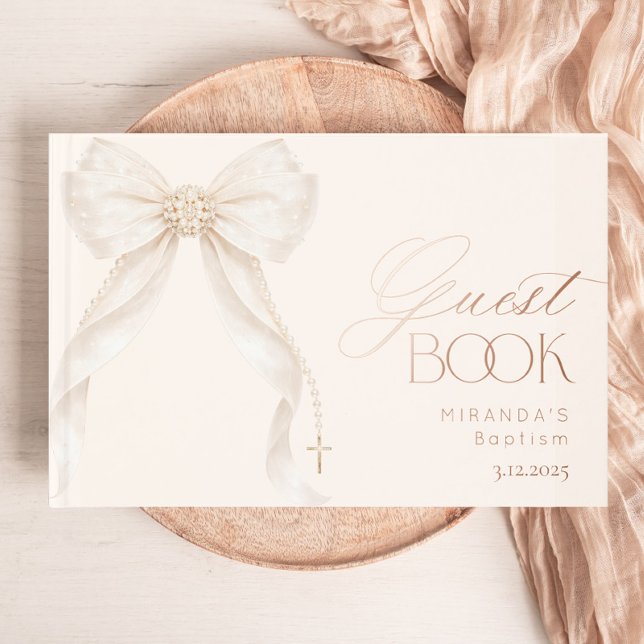 Pearls Gold Bow Girl Baptism Foil Guest Book (Creator Uploaded)